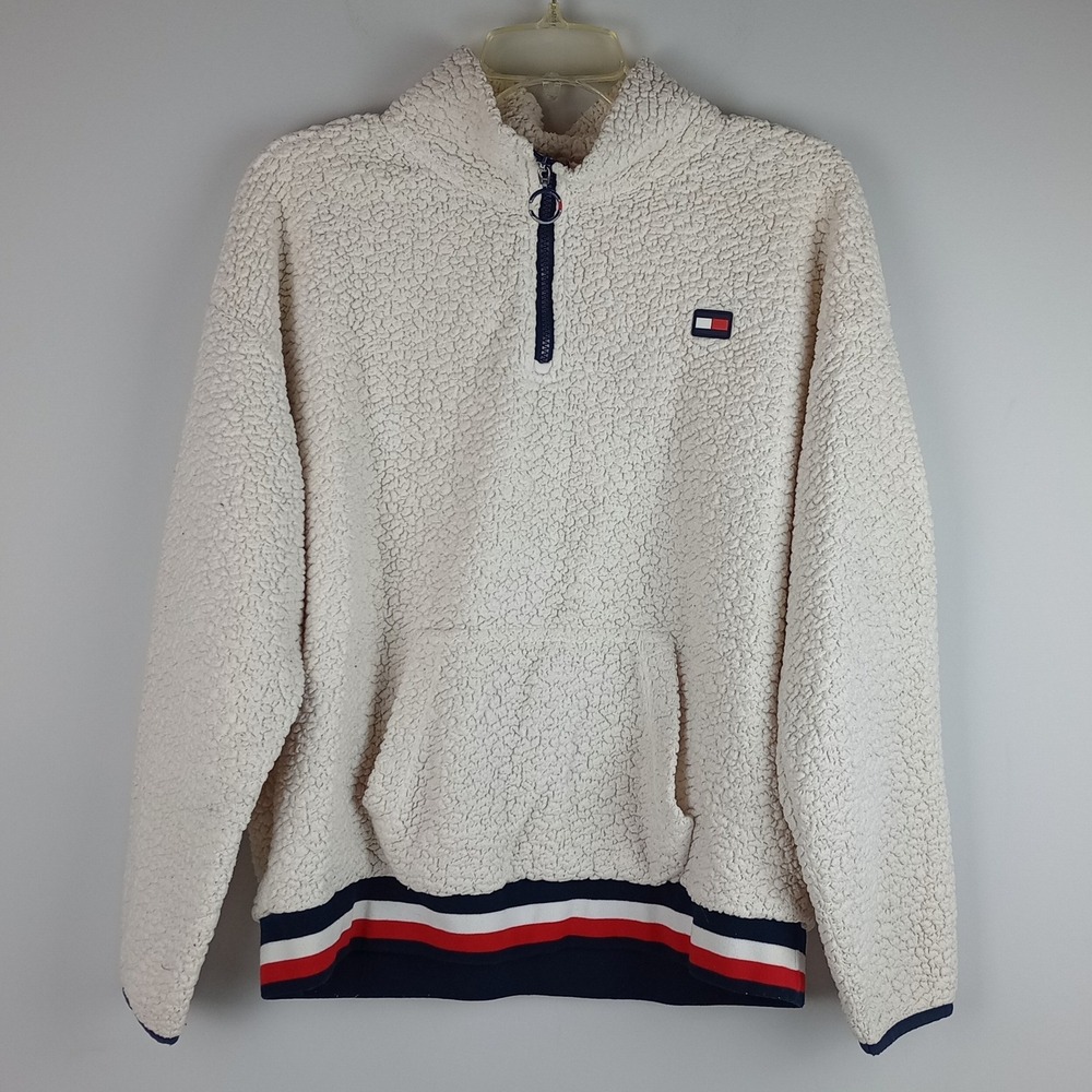 Tommy Hilfiger Womens XL White Fleece Quarter Zip Sherpa Pullover Sweatshirt